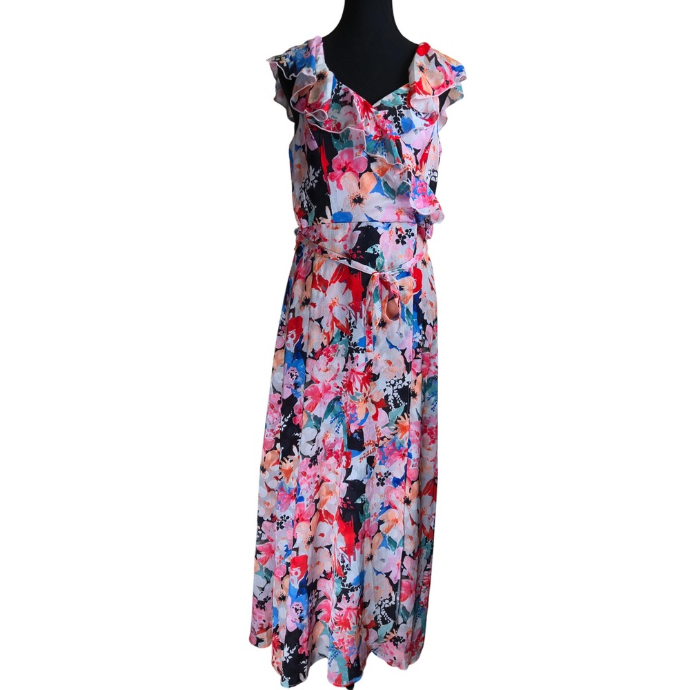 T Tahari Womens Faux Wrap Dress Size 8 Floral Midi Maxi Wedding Guest Resortwear